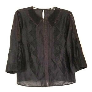 TWIN SET Italy Barbieri Cotton Silk Top BOHO Black Lace Pin Tuck Medium      T40